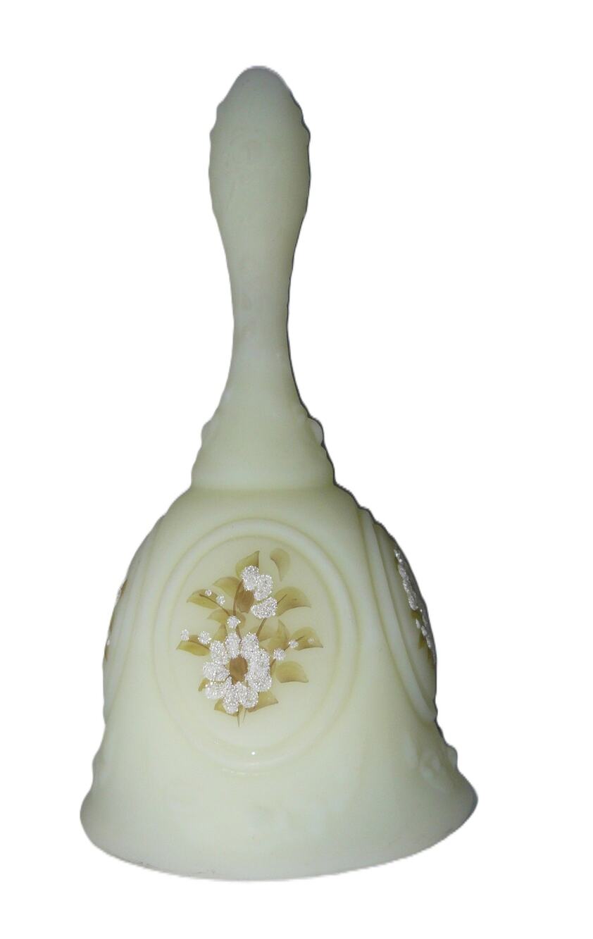 Vintage Fenton Uranium Glass Bell Clapper Hand-Painted Floral Signed S. Fisher